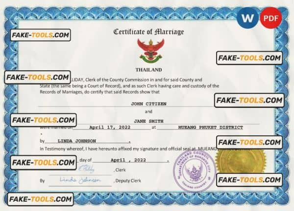 Thailand marriage certificate Word and PDF template, fully editable
