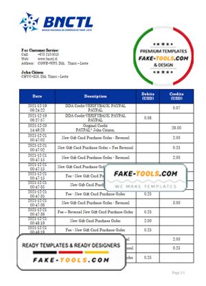 Timor-Leste BNCTL bank statement template in Word and PDF format