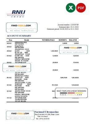 Timor-Leste BNU bank statement, Excel and PDF template