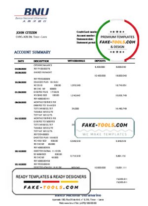 Timor-Leste BNU bank statement template in Word and PDF format