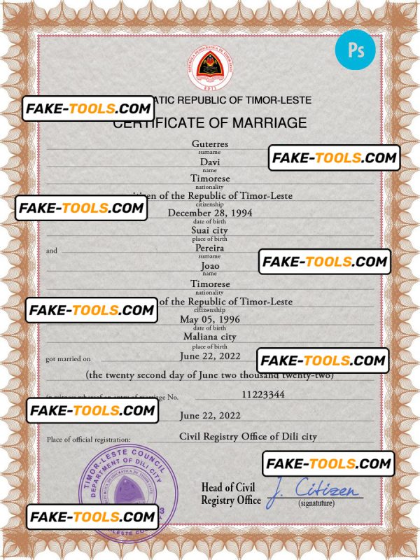 Timor-Leste marriage certificate PSD template, fully editable