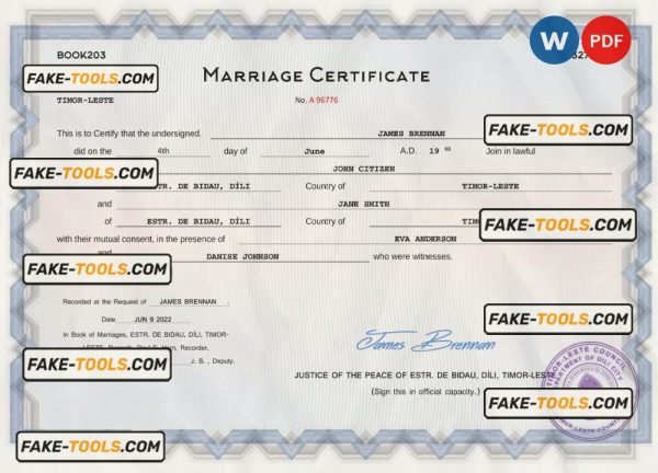 Timor-Leste marriage certificate Word and PDF template, completely editable