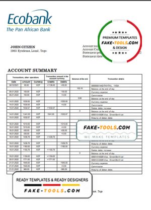 Togo Ecobank Bank statement template in Word and PDF format