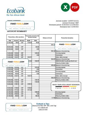Togo Ecobank bank statement, Excel and PDF template