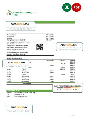 Togo Financial Bank statement, Excel and PDF template