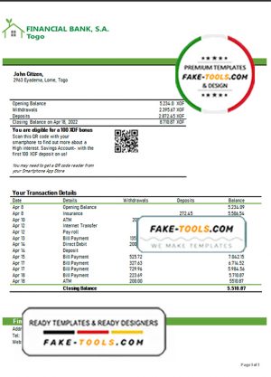 Togo Financial Bank statement template in Word and PDF format