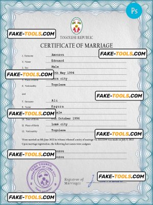 Togo marriage certificate PSD template, completely editable