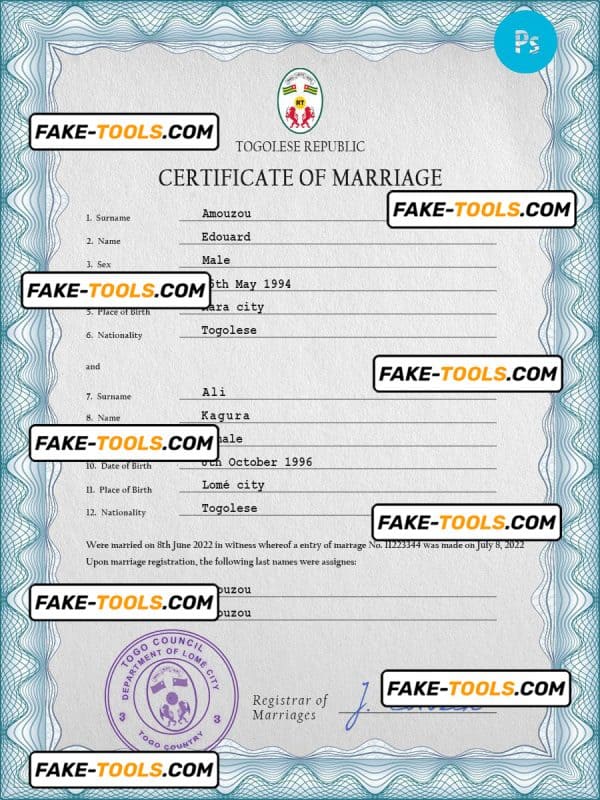 Togo marriage certificate PSD template, completely editable