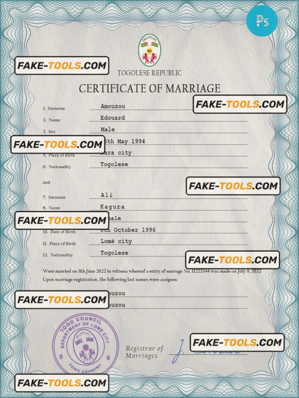 Togo marriage certificate PSD template, completely editable