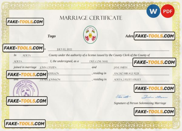 Togo marriage certificate Word and PDF template, fully editable