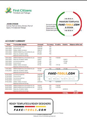 Trinidad and Tobago First Citizens Bank statement template in Word and PDF format
