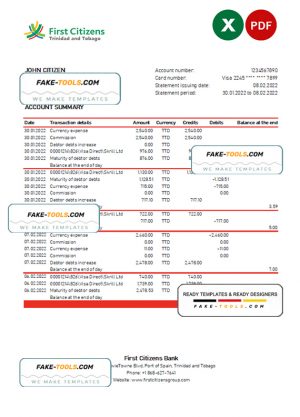 Trinidad and Tobago First Citizens bank statement, Excel and PDF template