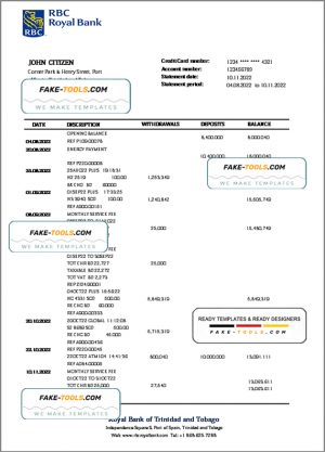 Trinidad and Tobago Royal Citizens Bank statement template in Word and PDF format