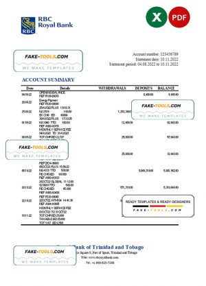 Trinidad and Tobago Royal bank statement, Excel and PDF template