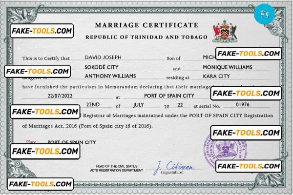 Trinidad and Tobago marriage certificate PSD template, fully editable