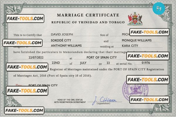 Trinidad and Tobago marriage certificate PSD template, fully editable