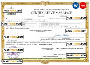 Trinidad and Tobago marriage certificate Word and PDF template, completely editable