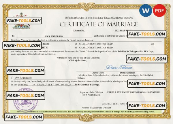 Trinidad and Tobago marriage certificate Word and PDF template, completely editable scan effect