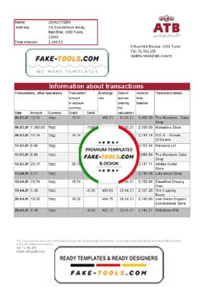 Tunisia ATB Bank statement easy to fill template in Excel and PDF format