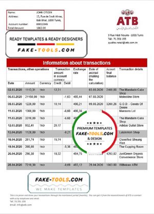 Tunisia ATB bank proof of address statement template in Word and PDF format (.doc and .pdf)