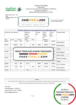 Tunisia Amen Bank statement easy to fill template in .xls and .pdf file format
