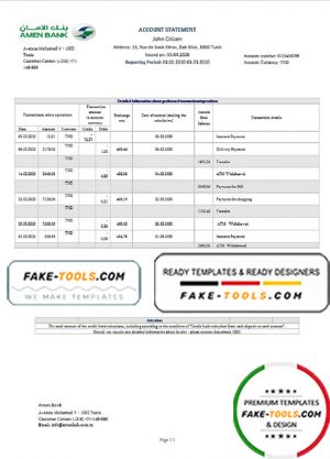 Tunisia Amen Bank statement easy to fill template in Word and PDF format