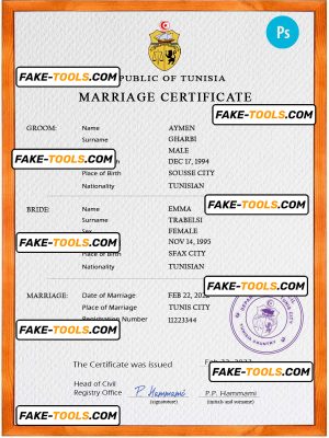 Tunisia marriage certificate PSD template, completely editable