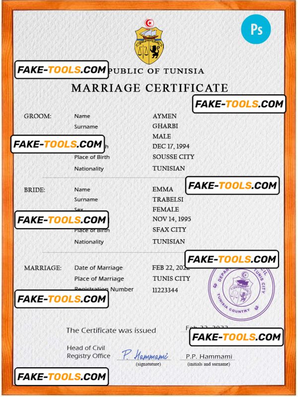 Tunisia marriage certificate PSD template, completely editable