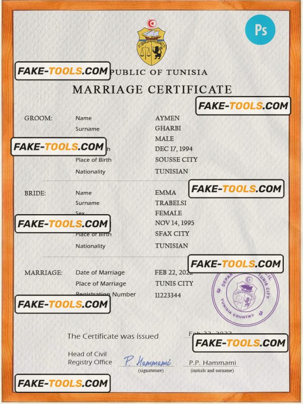 Tunisia marriage certificate PSD template, completely editable