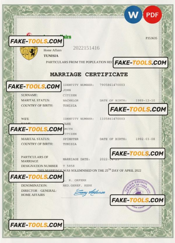 Tunisia marriage certificate Word and PDF template, fully editable scan effect