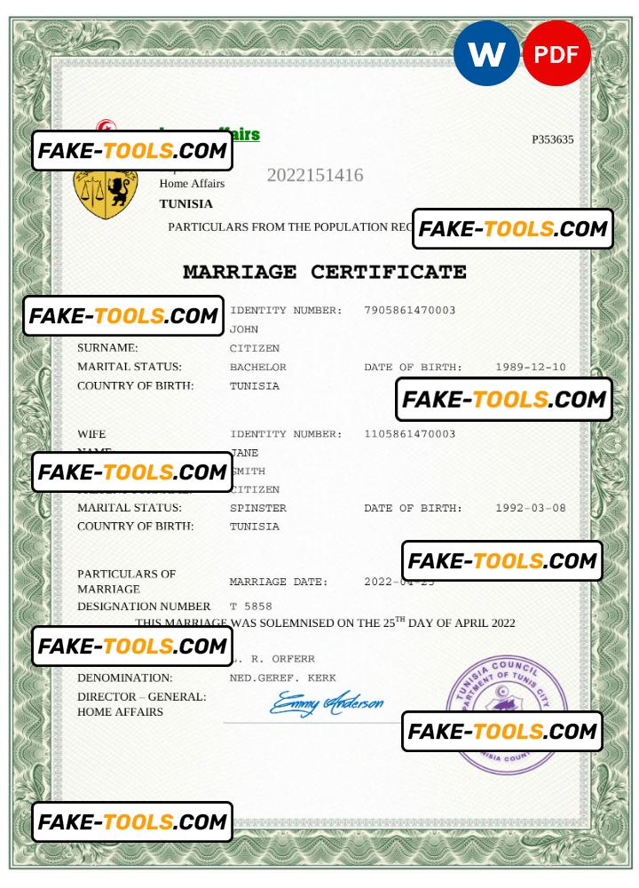 Tunisia marriage certificate Word and PDF template, fully editable