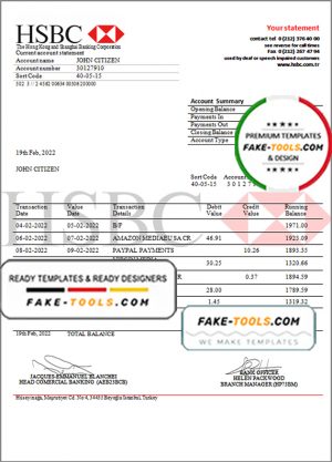 Turkey HSBC bank statement template in Word and PDF format