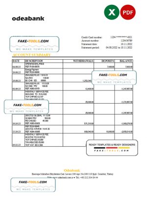 Turkey Odeabank bank statement, Excel and PDF template