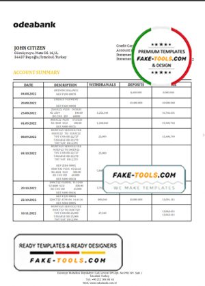 Turkey Odeabank bank statement template in .doc and .pdf format