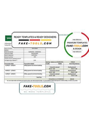 Turkey Sekerbank bank statement template in .doc and .pdf format, fully editable