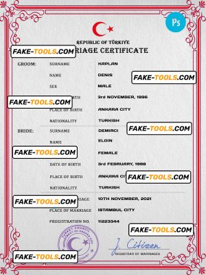 Turkey marriage certificate PSD template, fully editable