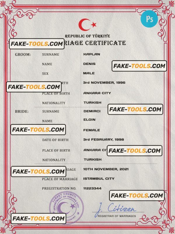 Turkey marriage certificate PSD template, fully editable