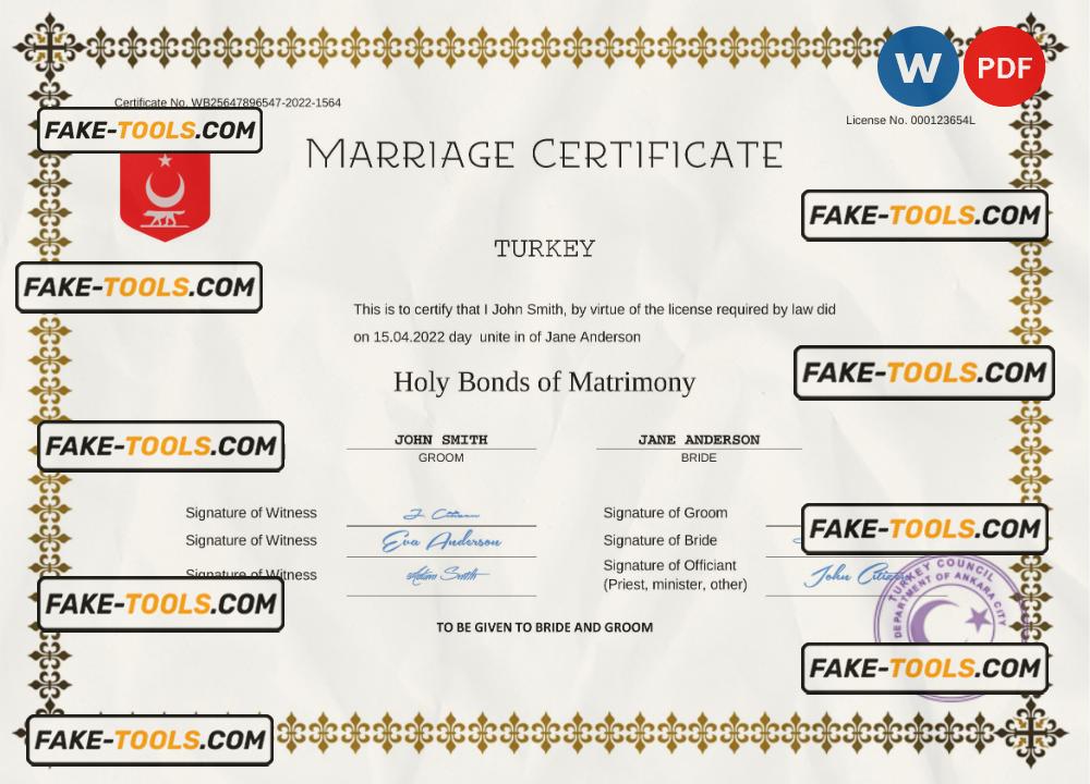 Turkey marriage certificate Word and PDF template, completely editable scan effect