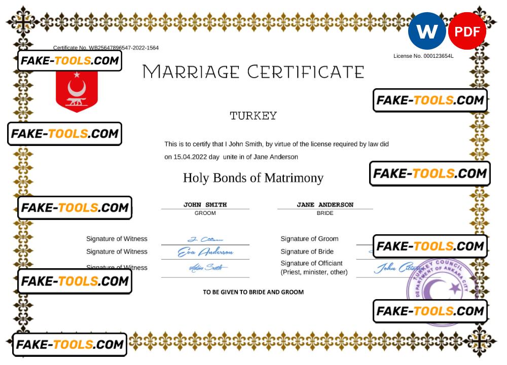 Turkey marriage certificate Word and PDF template, completely editable