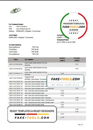 Turkmenistan HalkBank bank statement template, Word and PDF format (.doc and .pdf)