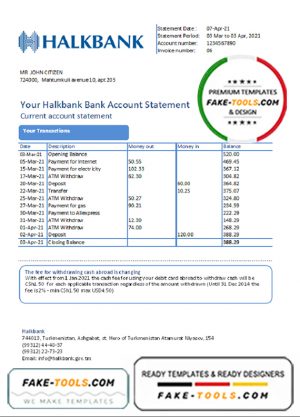 Turkmenistan Halkbank Bank statement easy to fill template in .xls and .pdf file format