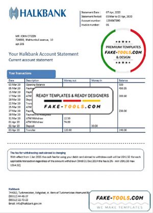 Turkmenistan Halkbank proof of address bank statement template in Word and PDF format, .doc and .pdf format