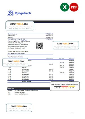 Turkmenistan Rysgal bank statement, Excel and PDF template
