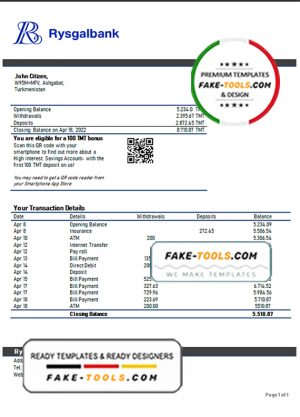 Turkmenistan Rysgal bank statement template, Word and PDF format (.doc and .pdf)