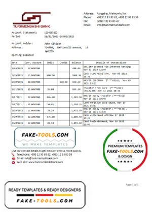 Turkmenistan Turkmenbashi Bank statement template, Excel and PDF format