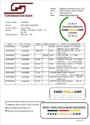 Turkmenistan Turkmenbashi Bank statement template, Word and PDF format (.doc and .pdf)
