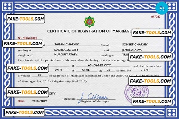 Turkmenistan marriage certificate PSD template, completely editable
