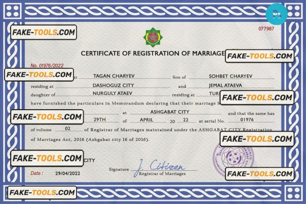 Turkmenistan marriage certificate PSD template, completely editable