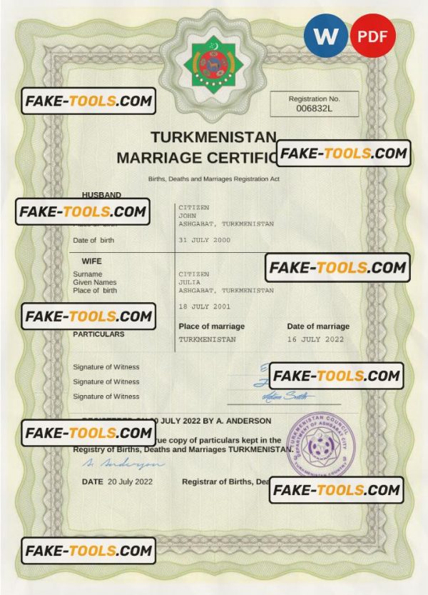 Turkmenistan marriage certificate Word and PDF template, fully editable scan effect