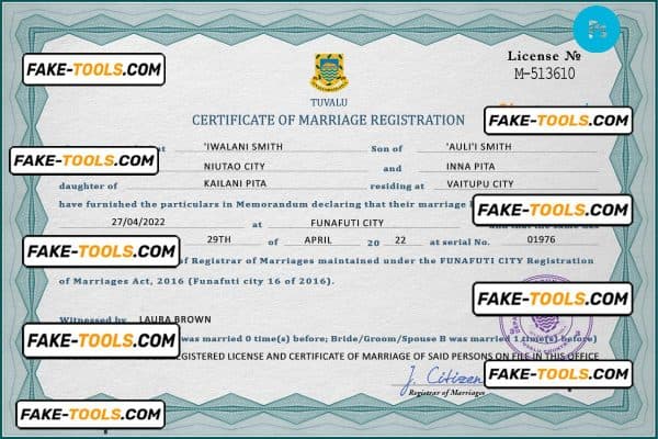 Tuvalu marriage certificate PSD template, fully editable